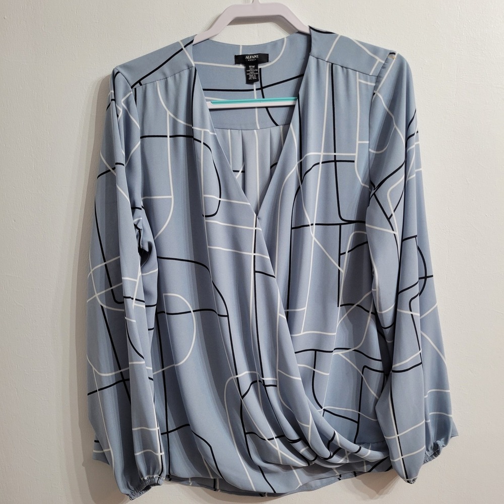 Alfani Woman Blouse 16W Blue Geometric Faux Wrap Long Sleeve Draped *Read